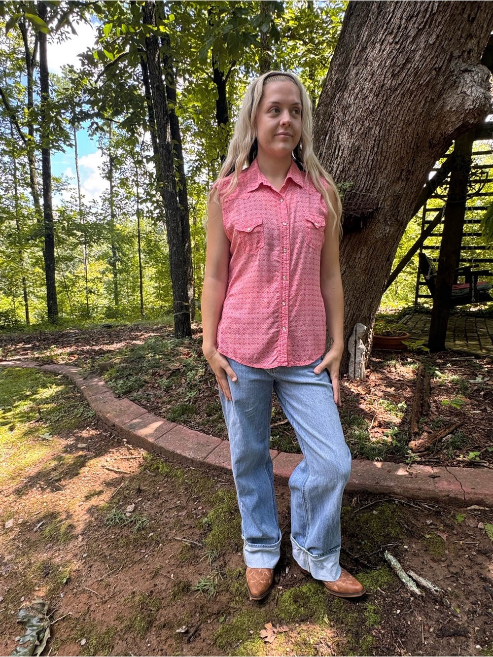 Wrangler Western Coral Pink Geometric Pearl Snap Tank Blouse